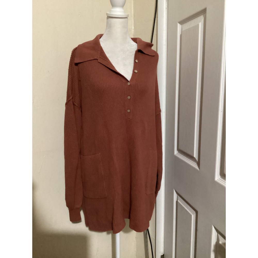 FP Beach Ribbed Polo Sweater Dress Rust Orange Long Sleeve Pockets M